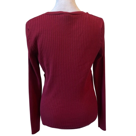 EXPRESS Women’s Dark Red Long Sleeves Ribbed Faux Wrap V-neck Sweater Size Large - Picture 4 of 7